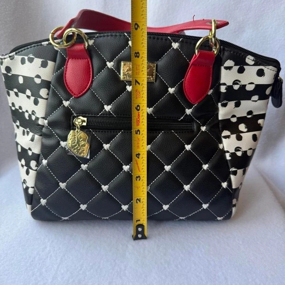 Luv Betsey Johnson Quilted Heart Satchel Bag Black White Red Polka Dot Striped